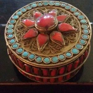 Vintage Silver Tibetan Coral Turquoise Prayer Box